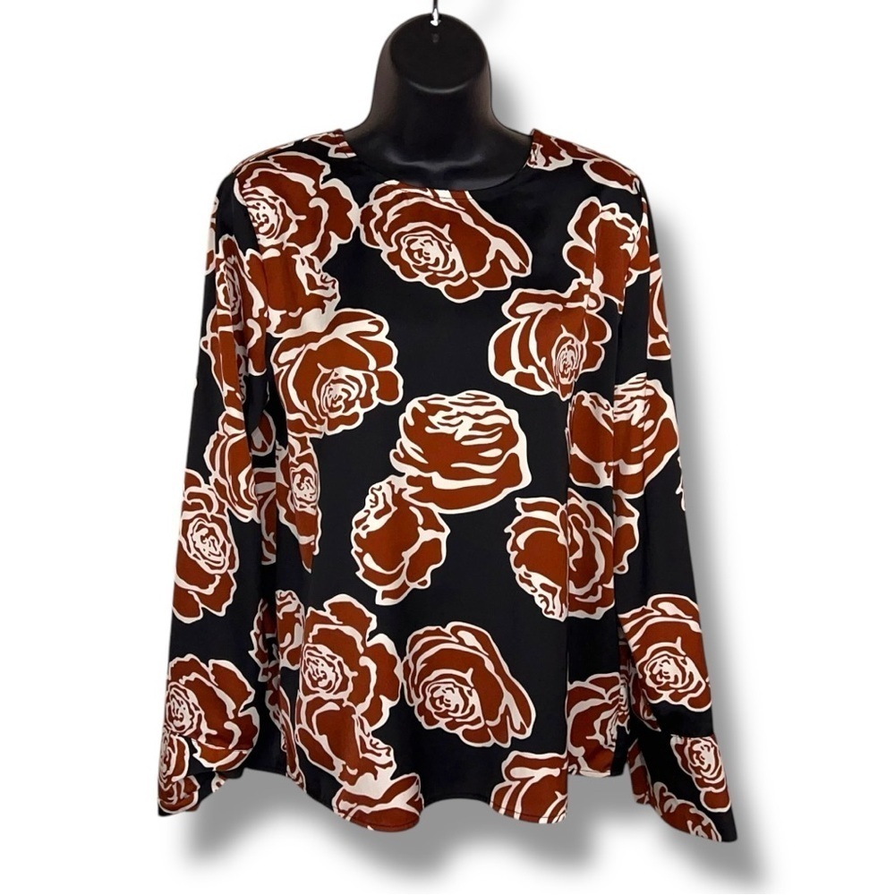Medium Who What Wear Floral Blouse Satin Long Sleeve Black Orange White Roses